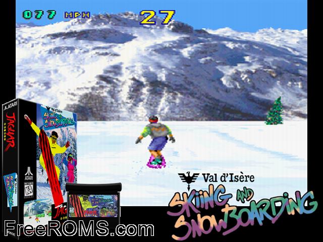 Val D'Isere Skiing and Snowboarding (1994) Atari Jaguar game showing 3D box cover and gameplay screenshot