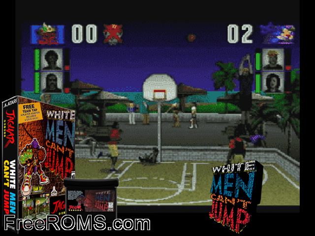 White Men Can't Jump (1995) Atari Jaguar game showing 3D box cover and gameplay screenshot