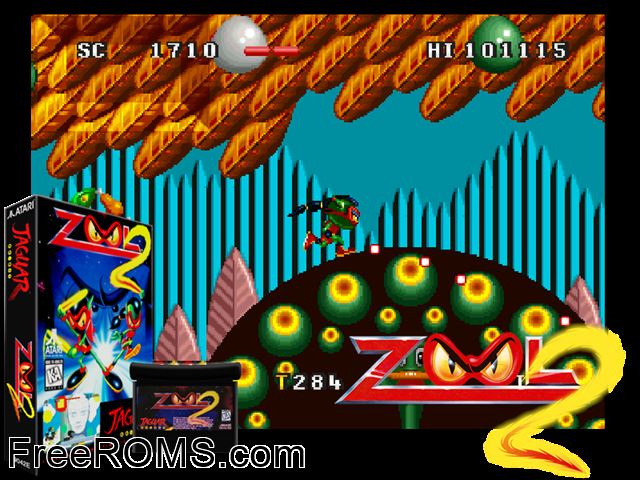 Zool 2 (1994) Atari Jaguar game showing 3D box cover and gameplay screenshot