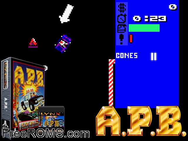 APB - All Points Bulletin (1990) Atari Lynx game showing 3D box cover and gameplay screenshot