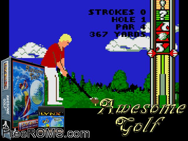 Awesome Golf (1991) Atari Lynx game showing 3D box cover and gameplay screenshot