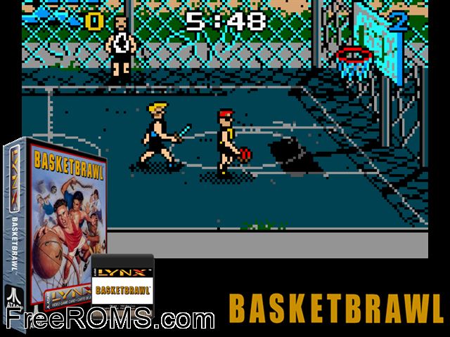 Basketbrawl (1992) Atari Lynx game showing 3D box cover and gameplay screenshot