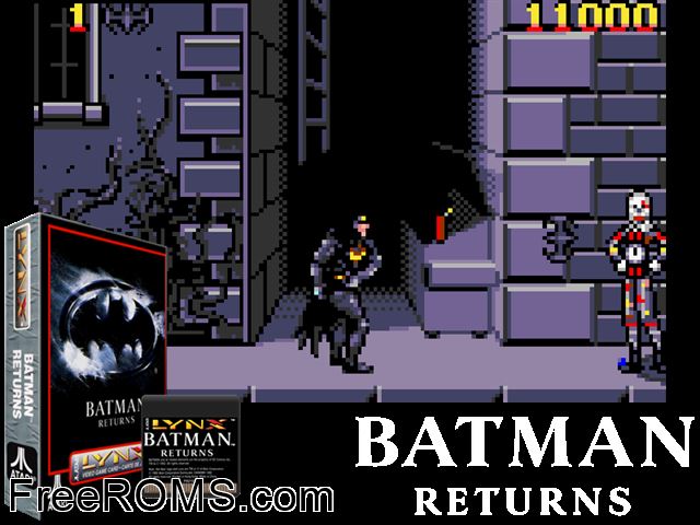 Batman Returns (1992) Atari Lynx game showing 3D box cover and gameplay screenshot