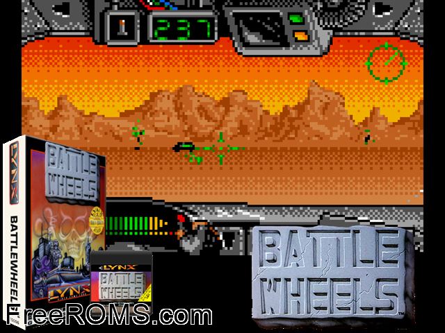 Battle Wheels (1993) Atari Lynx game showing 3D box cover and gameplay screenshot