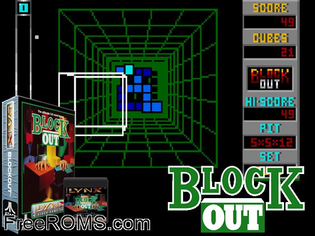 Block Out (1990) Atari Lynx game showing 3D box cover and gameplay screenshot