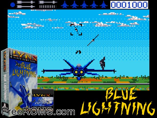 Blue Lightning (1989) [a1] Atari Lynx game showing 3D box cover and gameplay screenshot