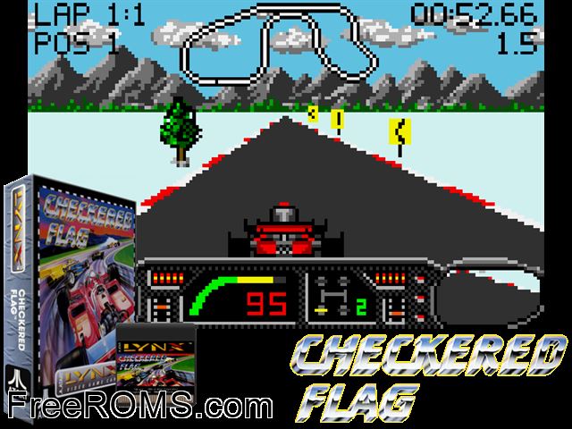 Checkered Flag (1991) Atari Lynx game showing 3D box cover and gameplay screenshot