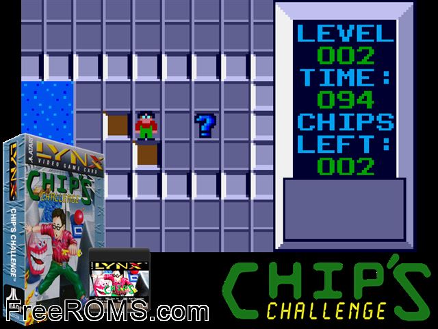 Chip's Challenge (1989) Atari Lynx game showing 3D box cover and gameplay screenshot