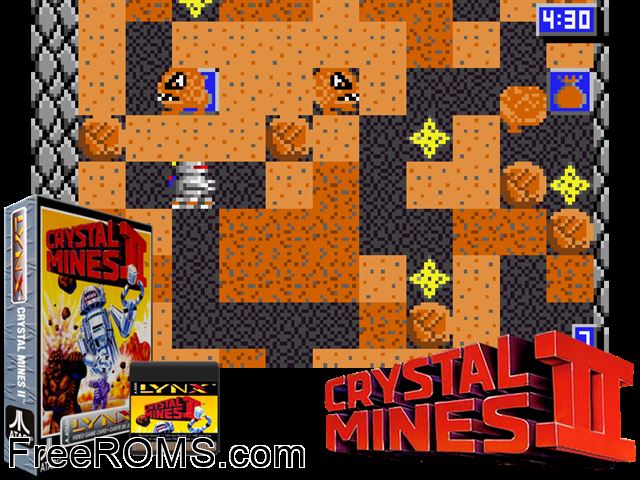Crystal Mines II (1990) Atari Lynx game showing 3D box cover and gameplay screenshot