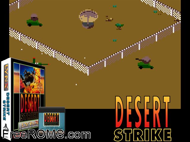 Desert Strike - Return to the Gulf (1993) (Telegames) Atari Lynx game showing 3D box cover and gameplay screenshot