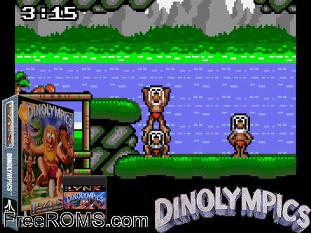 Dinolympics (1992) Atari Lynx game showing 3D box cover and gameplay screenshot