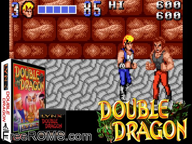 Double Dragon (1993) (Telegames) Atari Lynx game showing 3D box cover and gameplay screenshot