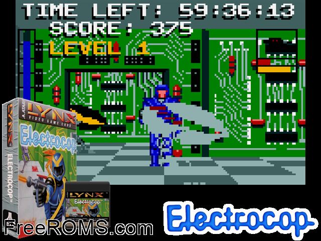 Electrocop (1989) Atari Lynx game showing 3D box cover and gameplay screenshot
