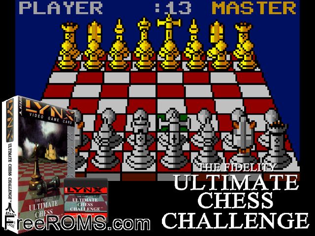 Fidelity Ultimate Chess Challenge (1991) (Telegames) Atari Lynx game showing 3D box cover and gameplay screenshot