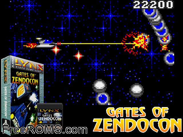 Gates of Zendocon, The (1989) Atari Lynx game showing 3D box cover and gameplay screenshot