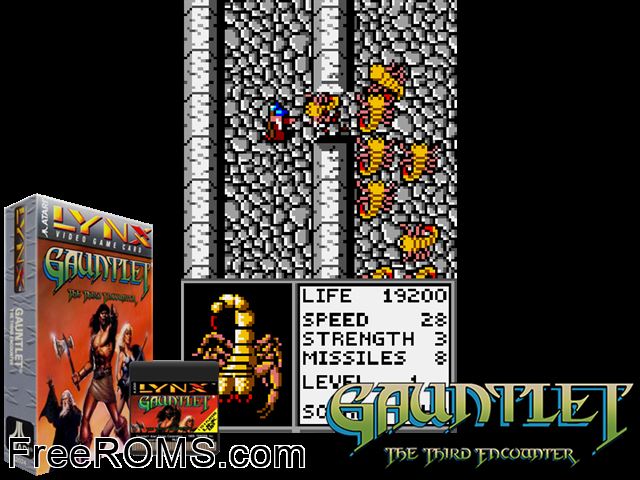 Gauntlet - The Third Encounter (1990) Atari Lynx game showing 3D box cover and gameplay screenshot