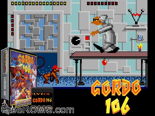 Gordo 106 - The Mutated Lab Monkey (1993) Atari Lynx game showing 3D box cover and gameplay screenshot