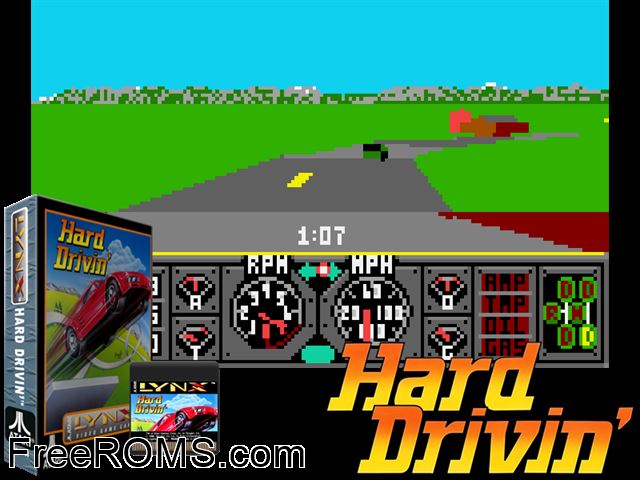 Hard Drivin' (1993) Atari Lynx game showing 3D box cover and gameplay screenshot