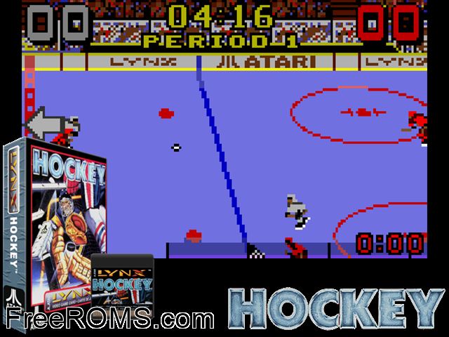Hockey (1992) Atari Lynx game showing 3D box cover and gameplay screenshot