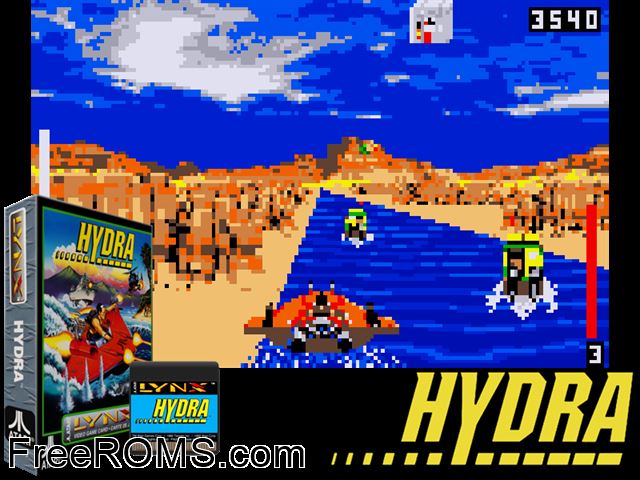 Hydra (1992) Atari Lynx game showing 3D box cover and gameplay screenshot