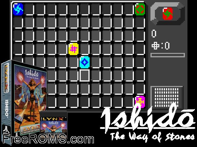 Ishido - The Way of the Stones (1991) Atari Lynx game showing 3D box cover and gameplay screenshot