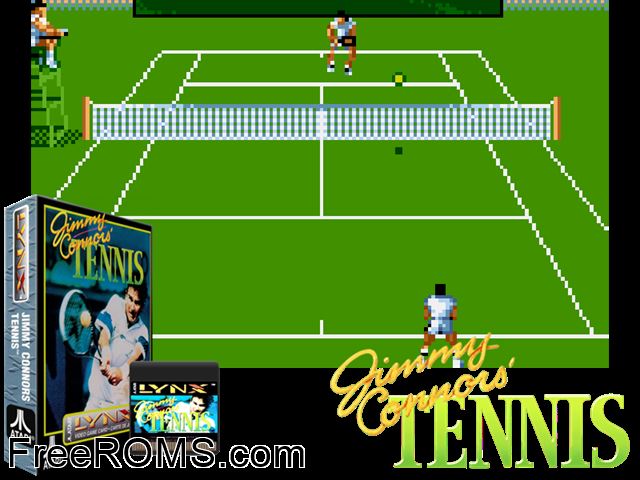 Jimmy Conners Tennis (1991) Atari Lynx game showing 3D box cover and gameplay screenshot