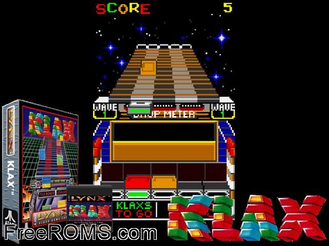 Klax (1990) Atari Lynx game showing 3D box cover and gameplay screenshot