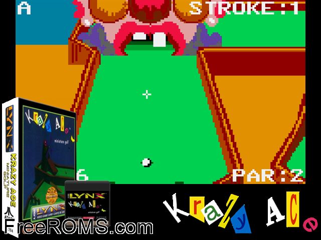 Krazy Ace Minature Golf (1997) (Telegames) Atari Lynx game showing 3D box cover and gameplay screenshot