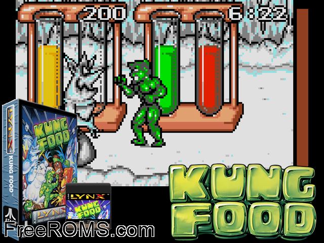 Kung Food (1992) Atari Lynx game showing 3D box cover and gameplay screenshot