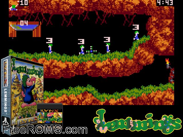 Lemmings (1993) Atari Lynx game showing 3D box cover and gameplay screenshot