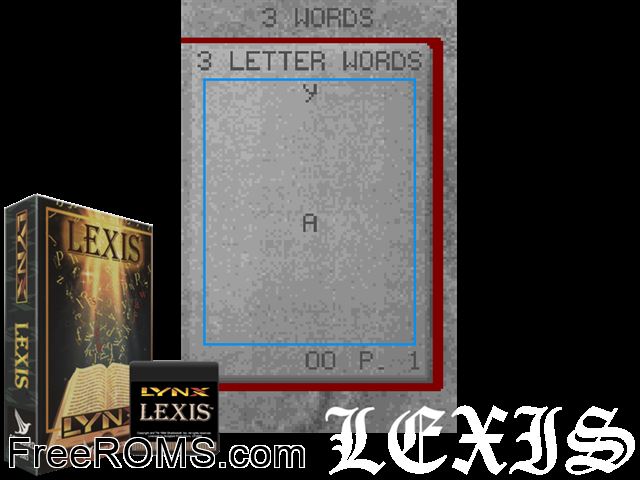 Lexis (1999) (Songbird) Atari Lynx game showing 3D box cover and gameplay screenshot