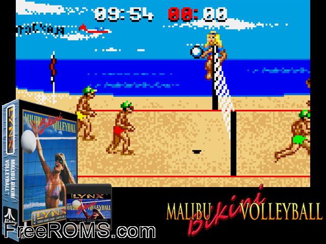 Malibu Bikini Volleyball (1993) Atari Lynx game showing 3D box cover and gameplay screenshot