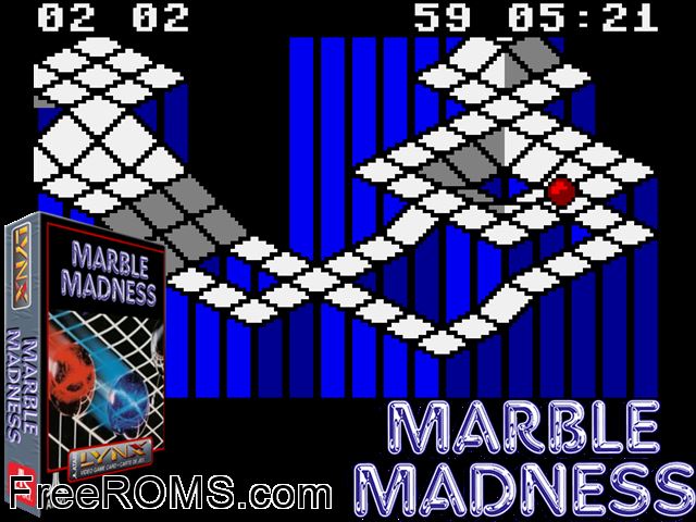 Marble Madness by Matthias Domin (1997) (PD) Atari Lynx game showing 3D box cover and gameplay screenshot