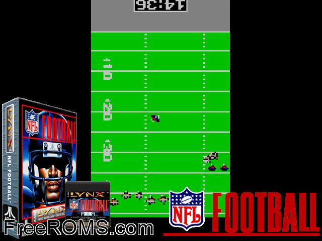 NFL Football (1990) Atari Lynx game showing 3D box cover and gameplay screenshot