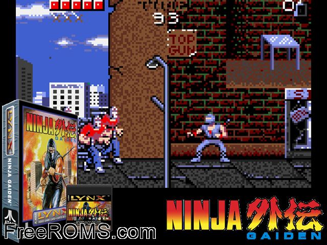 Ninja Gaiden (1990) Atari Lynx game showing 3D box cover and gameplay screenshot