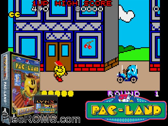 Pac-Land (1991) Atari Lynx game showing 3D box cover and gameplay screenshot