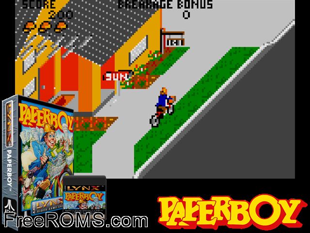 Paperboy (1990) Atari Lynx game showing 3D box cover and gameplay screenshot
