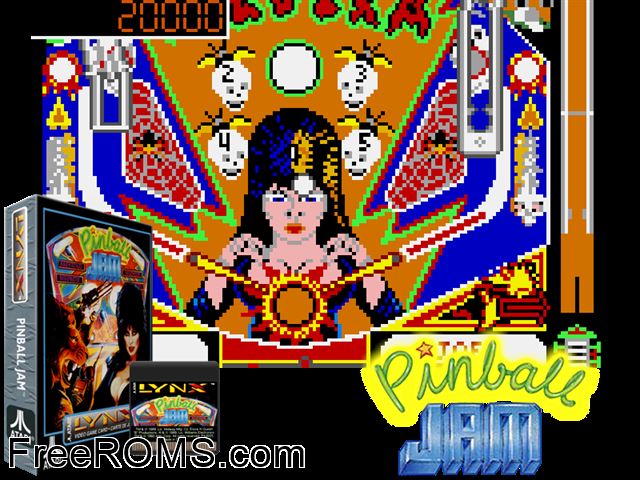 Pinball Jam (1992) Atari Lynx game showing 3D box cover and gameplay screenshot