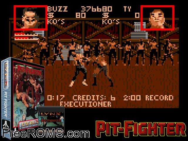 Pit Fighter - The Ultimate Competition (1992) Atari Lynx game showing 3D box cover and gameplay screenshot