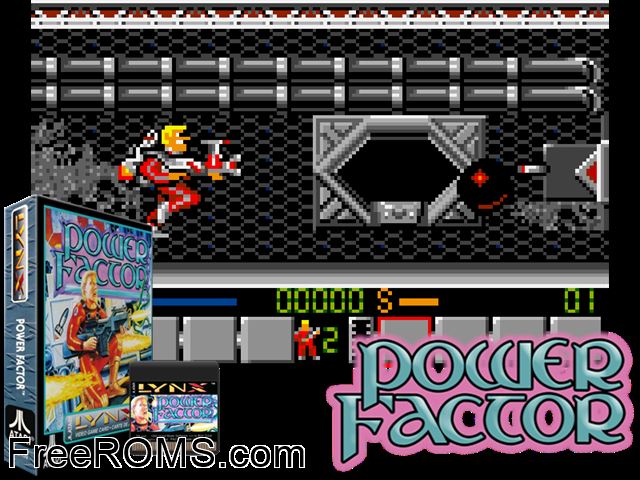 Power Factor (1992) Atari Lynx game showing 3D box cover and gameplay screenshot