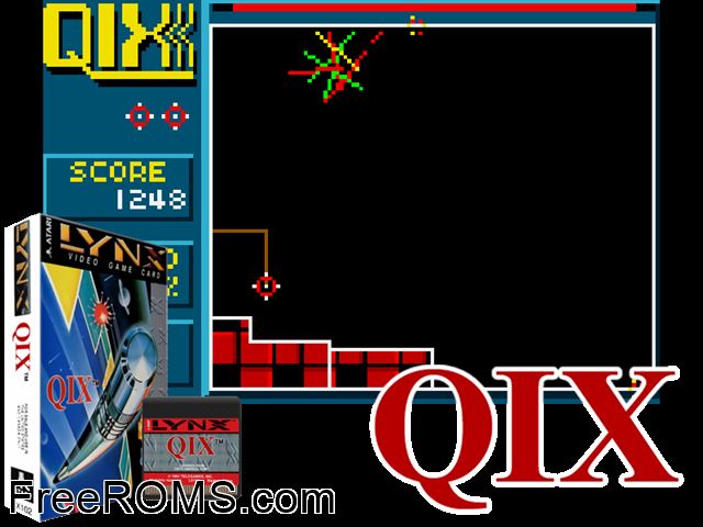 Qix (1991) (Telegames) Atari Lynx game showing 3D box cover and gameplay screenshot