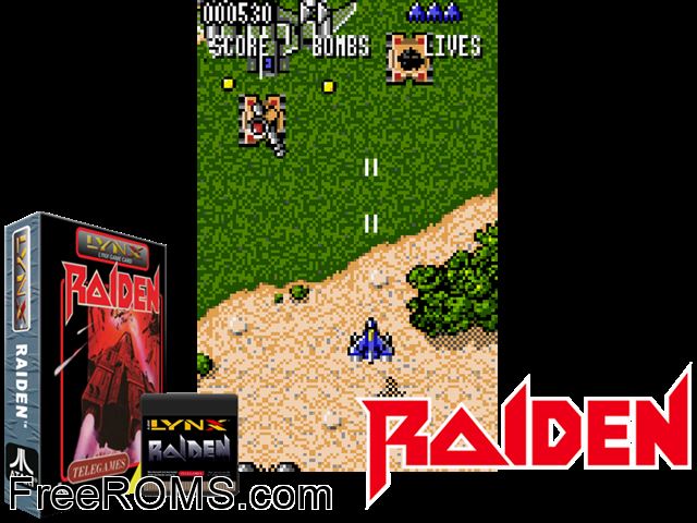 Raiden (1997) (Telegames) Atari Lynx game showing 3D box cover and gameplay screenshot