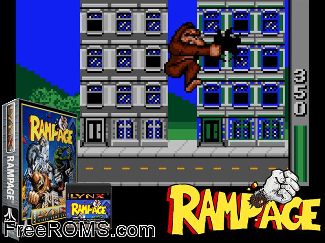 Rampage (1991) Atari Lynx game showing 3D box cover and gameplay screenshot