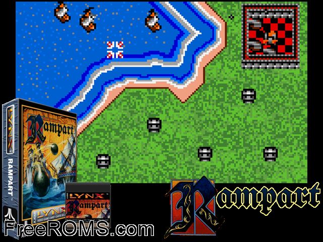 Rampart (1991) Atari Lynx game showing 3D box cover and gameplay screenshot
