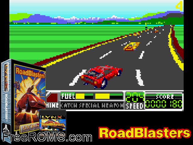 RoadBlasters (1990) Atari Lynx game showing 3D box cover and gameplay screenshot