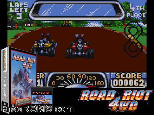 Road Riot 4WD (beta) (1994) Atari Lynx game showing 3D box cover and gameplay screenshot