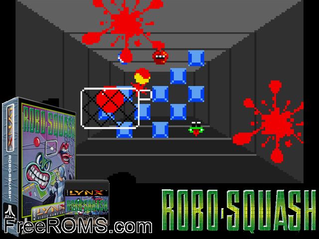 Robo-Squash (1990) Atari Lynx game showing 3D box cover and gameplay screenshot