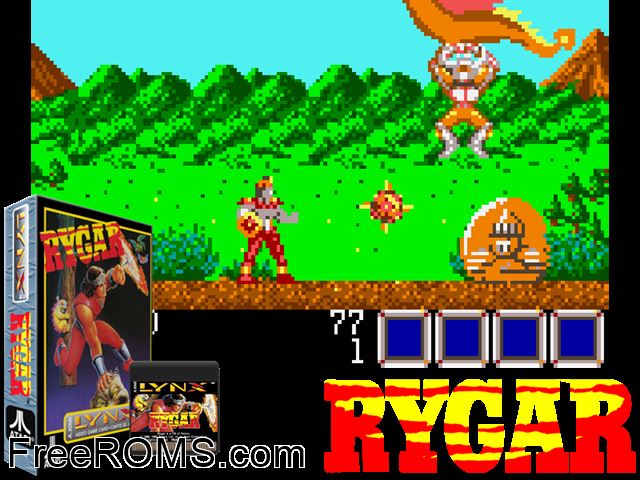 Rygar - Legendary Warrior (1990) Atari Lynx game showing 3D box cover and gameplay screenshot