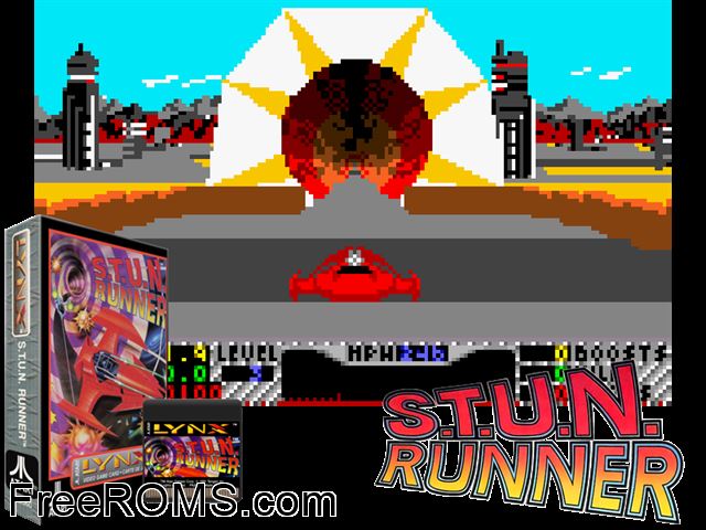S.T.U.N. Runner (1991) Atari Lynx game showing 3D box cover and gameplay screenshot