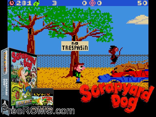 Scrapyard Dog (1991) Atari Lynx game showing 3D box cover and gameplay screenshot